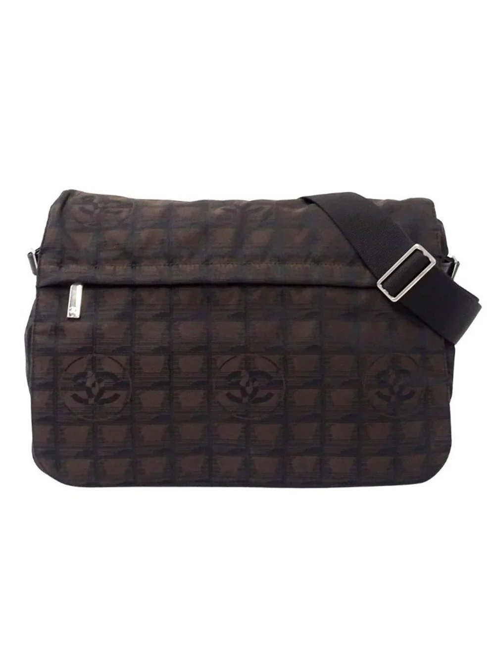 Chanel New Travel Shoulder Bag Nylon Brown Silver
